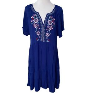 Knox Rose Royal Blue Embroidered Split Neck Dress with Pockets